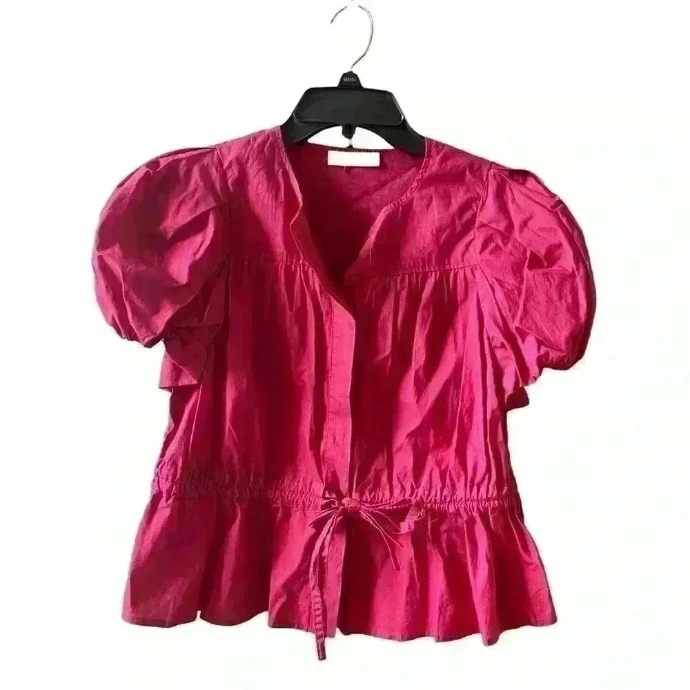 Ulla Johnson Peplum Hem Tie Magenta Puff Sleeves Cotton Blouse Size 00/0/2.